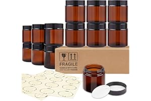 TUZAZO 4 Oz Thick Amber Round Glass Jars with Inner Lids and Black Lids, 12 Pack Small Empty Candle Making Jars/Cosmetic Containers for Lotions, Creams, Body Butters, Essential oil Beauty Products