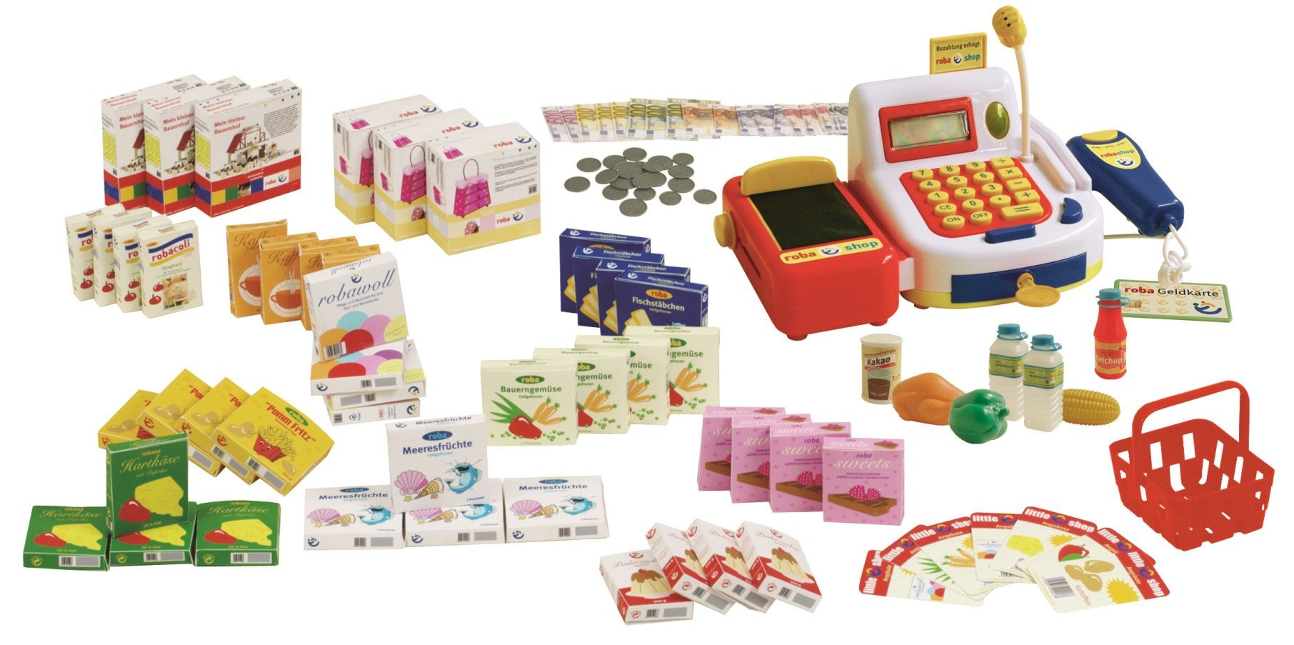 roba Shop Accessories, Cash Register, Play Money, Shopping Basket, Food Set & Sale Signs