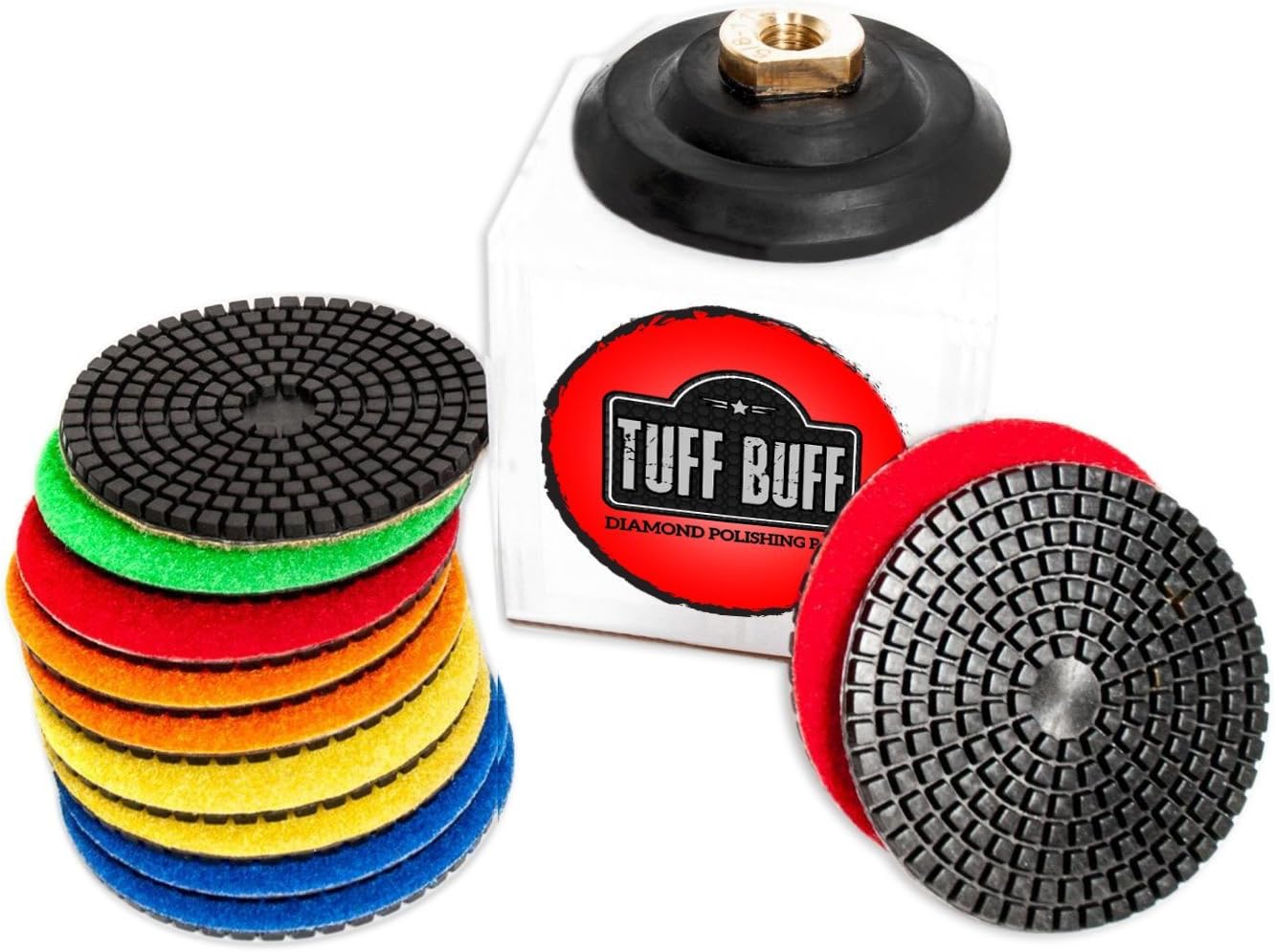 Tuff Buff Diamond Polishing Pads 12 Pc Set With Rubber Backer Wet Dry Drill Marble, Tile & Stone