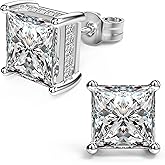 18K White Gold Plated Sterling Silver Princess Cut Cubic Zirconia Stud Earrings Square Simulated Diamond CZ Stud Earrings for Women Men Hypoallergenic