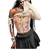 RoseSeek Women's One Shoulder Graphic Tees Ribbon Bowknot Long Sleeve Y2k Asymmetrical Crop Tops
