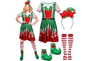 Jinei 4 Pcs Christmas Elf Costume for Women Red Green Elf Santa Helper Xmas Outfit Fancy Dress Costume Elf Shoes Xmas Headband Striped Stocking