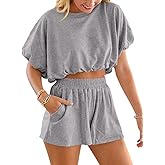 Jenisso Women Summer 2 Pieces Shorts Sets Bubble Crop Tops Casual Loose Outfits Comfy Lounge Sets