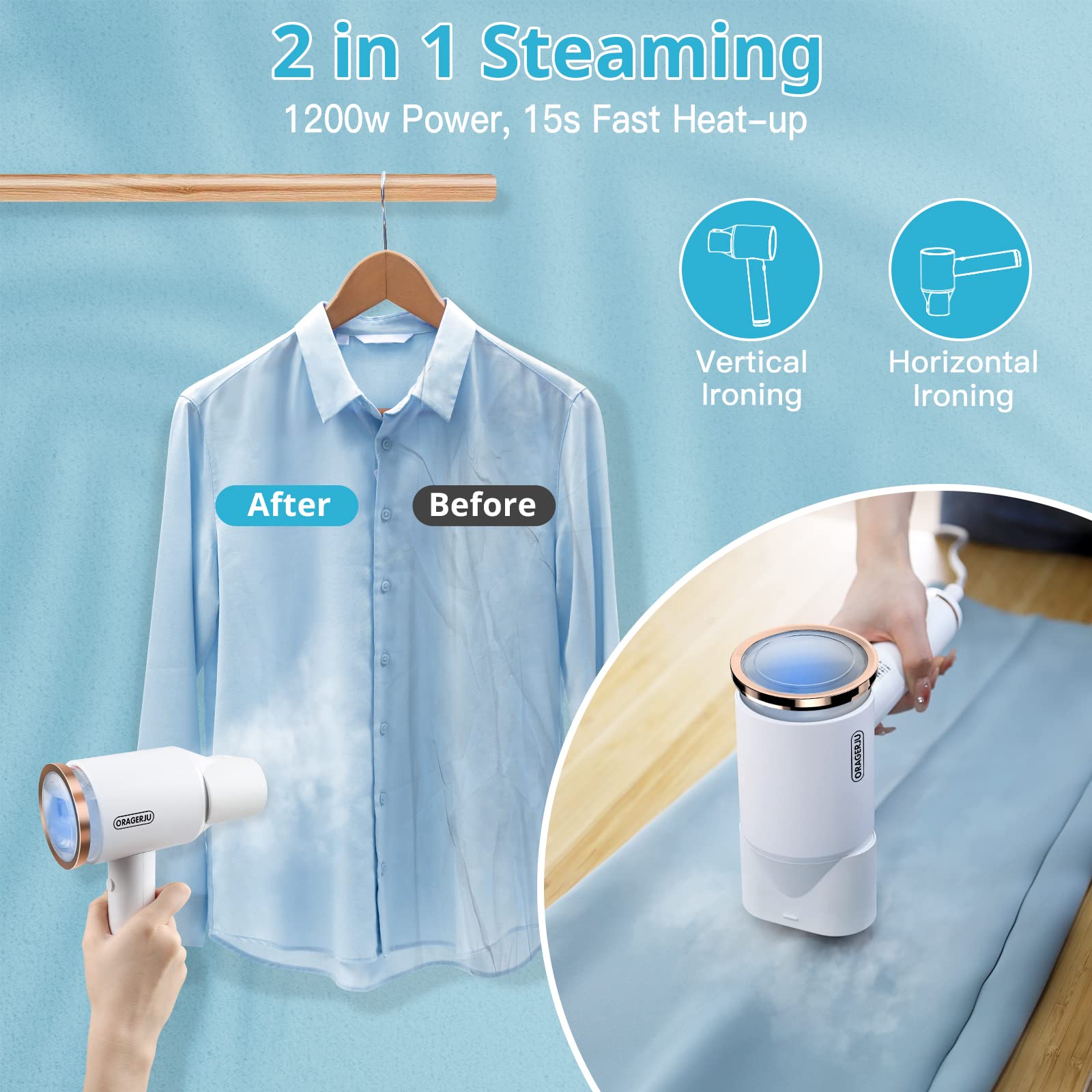 Portable Steamer for Clothes, Oragerju 2 in 1 Handheld Steamer and Iron, 15s Fast Heat-up, 2 Steam Modes, 1200w Auto Shut-Off Garment Steamer for Travel and Home, 170ML Detachable Water Tank (BG573)