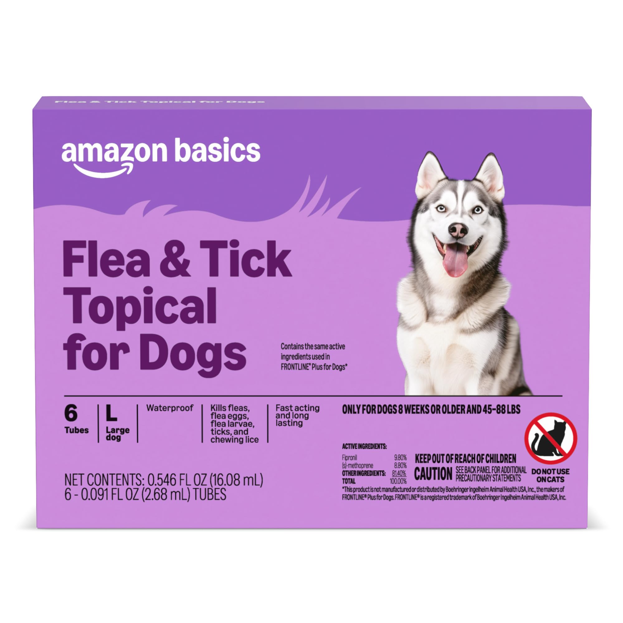 Photo 1 of Amazon Basics PreventativeFlea and Tick Topical Treatment for Large Dogs (45-88 pounds), 6 Count, Packaging May Vary