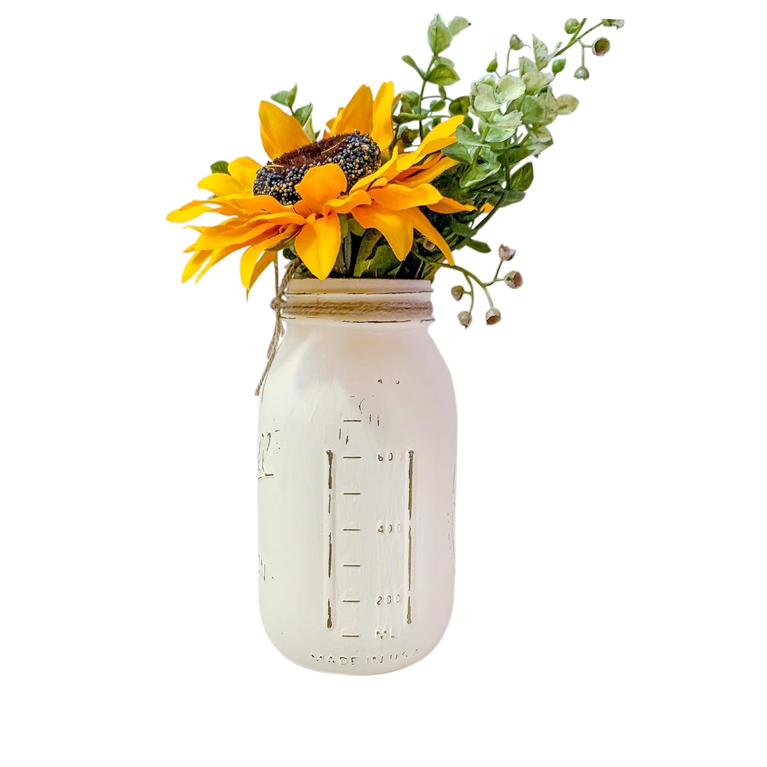Silk Sunflowers Mason Jar Ivory Painted and Distressed Quart 32 oz