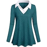 Women's Long Sleeve Contrast Collar Shirt A-line Pleated Office Tunic