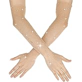 Quilax 2 Pairs Sparkly Arm Sleeves, Rhinestone Long Fishnet Gloves, Bling Elbow Length Women's Novelty Gloves for Siren Halloween Costume, Mesh rave glove for Party Mermaid Accessories(Nude)
