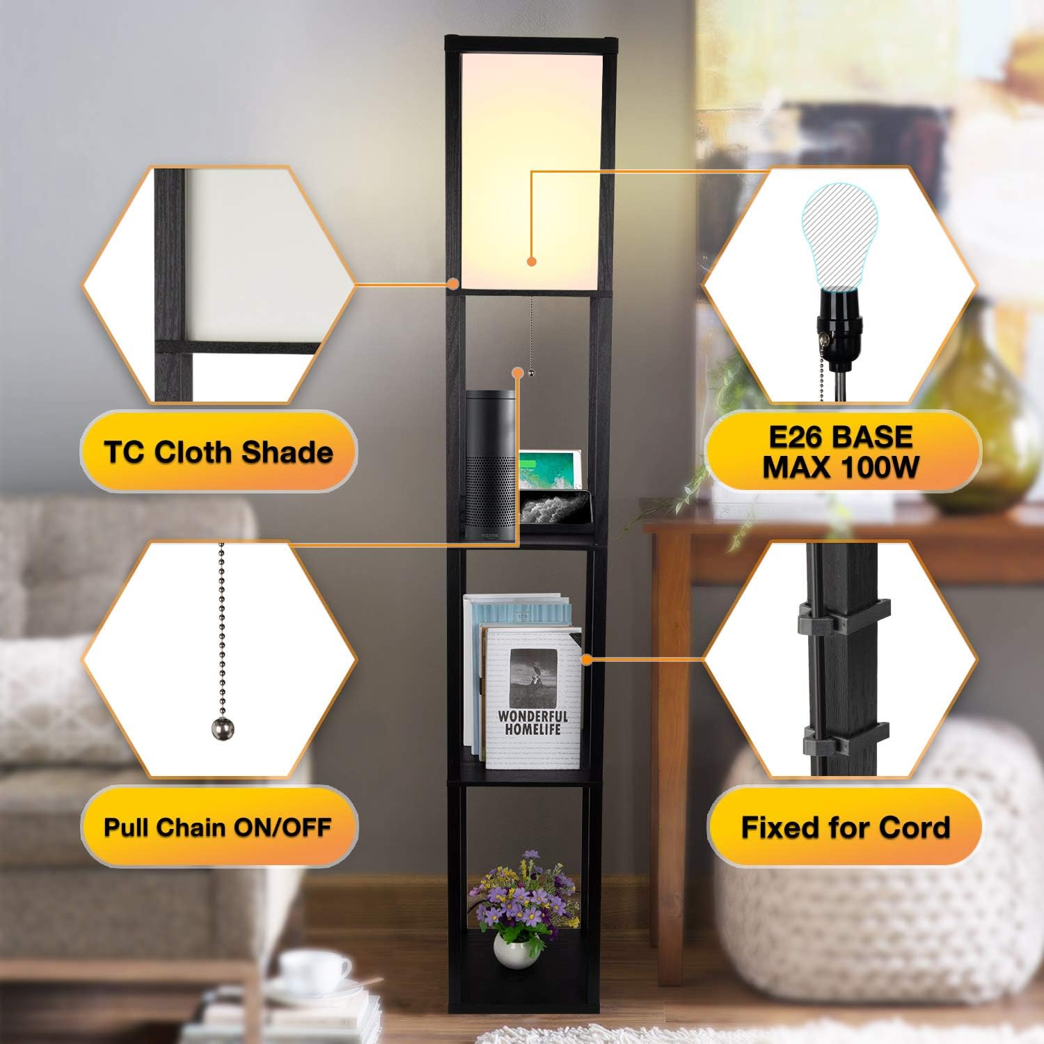 3-in-1 Shelf Floor Lamp with 2 Fast Charging USB Ports and 1 Power Outlet, 3-Tiered LED Shelf Floor Lamp, Shelf & Storage & LED Floor Lamp Combination, Modern Standing Light for Living Room, Bedroom - - 
