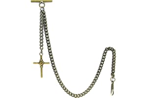 WATCHVSHOP Albert Chain Pocket Watch Chains for Men Antique Brass Color Religious Cross Pattern Fob T Bar AC82