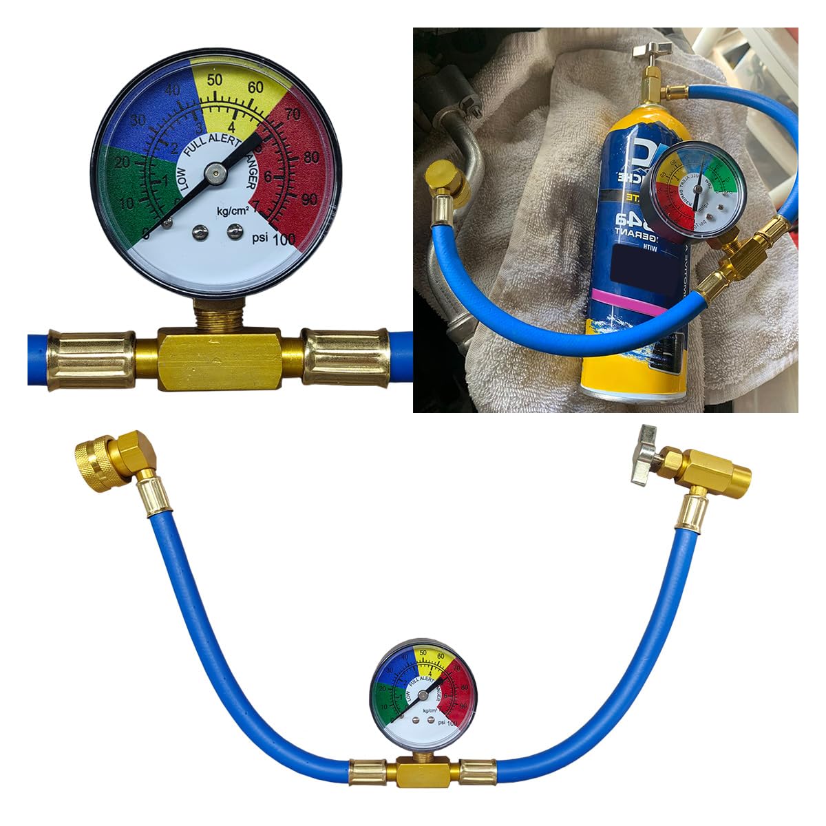 Photo 1 of BDZMC R134A Car AC Refrigerant Charge Hose Kit, Car Air Conditioning Recharge Hose with Gauge for Measuring Low-Pressure, 100PSI 1/2'' Can Tap & R134A Quick Coupler for Cars/Home AC Refrigerant