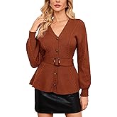Women's Belted Cable Knit Cardigan Long Sleeve V-Neck Button Down Peplum Sweater