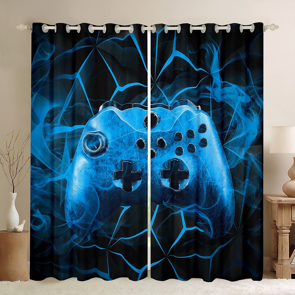 Loussiesd Gaming Curtains Kids Gamer Video Games Window Drapes for Boys Teens Modern Game Controller Window Curtain Breathable Blue Gamer Console Window Treatments Room Decor W46*L54