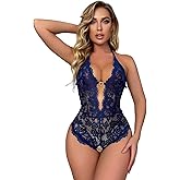 allribelly Women's Lace Bodysuit Sexy Teddy Lingerie Deep V Floral One Piece Babydoll Lingerie