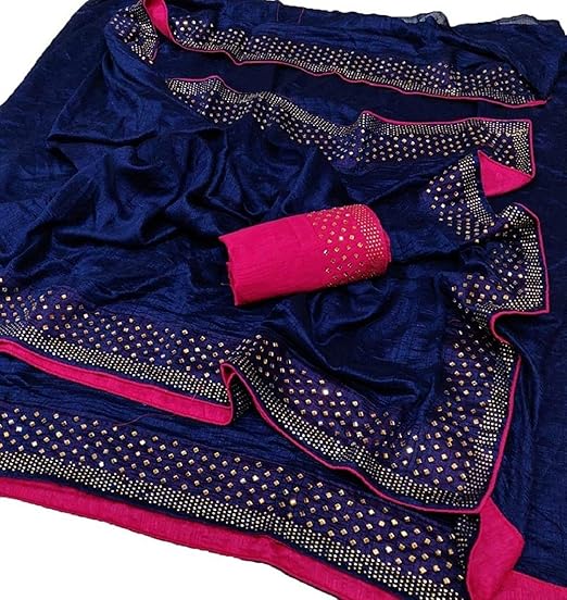 Women's Gold Mirror Stone Work Border Saree With Work Blouse Piece