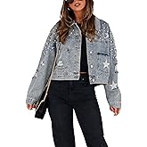 Esmeling Womens Cropped Pearls Beading Jean Jacket Ripped Star Embroidered Denim Jacket Coat