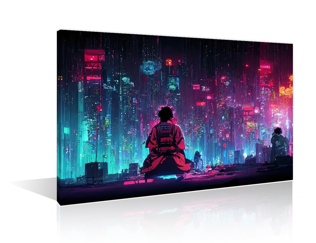 Future City Concept Canvas Wall Art Paintings Prints on Canvas 1 Panels Cyberpunk Samurai Meditates Modern Artwork for Living Room Bedroom Wall Decor Giclee Framed Ready to Hang, (16" Wx24 H)