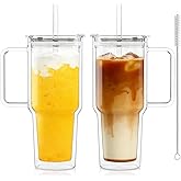 KEMORELA 2 Pack 28oz Double Wall Glass Tumblers with Handle, Lids & Straws – Large Insulated Clear Glass Coffee Cups for Iced Coffee, Matcha, Smoothies, Bubble Tea & Cold Drinks