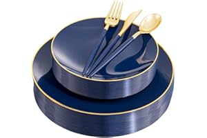 Liacere 150PCS Blue Plastic Plates - Gold Plastic Silverware with Blue Handle - Navy Disposable Plates Include 30 Guests Plates,Forks,Spoons,Knives for Wedding & Party&Christmas&Hanukkah