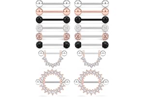 Lcolyoli 12-16Pcs 16G 14G Surgical Steel Tongue Ring Nipple Shield Barbell Ring Bar Nipplerings Body Piercing Jewelry for Women Men