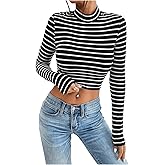 SOLY HUX Women's Striped Tee Crop Tops Mock Neck Long Sleeve T Shirt Slim Fit Tee