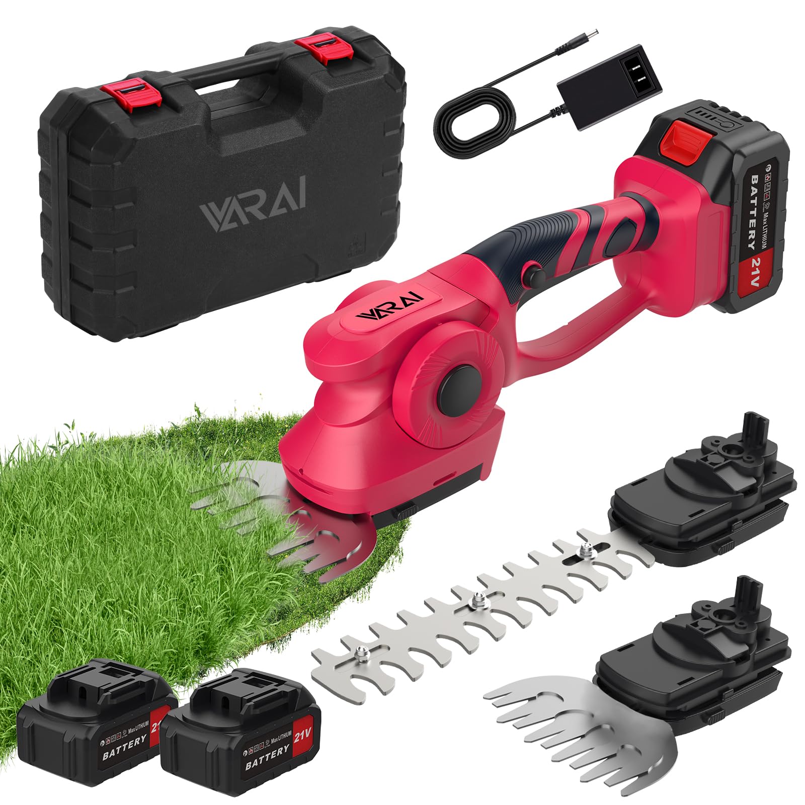 VARAI Hedge Trimmer Cordless, 2 in 1 Cordless Hedge Trimmer with 1300mAh Battery*2, High Power and Large Capacity Hedge Shears for Gardens, Patios and Lawns Charger Included