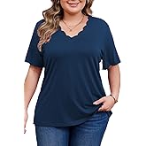 Women's Plus Size Short Sleeve Tops Curved V Neck Casual Loose Fit Shirts Summer Blouses 2025 Trendy Clothes