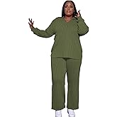 Tycorwd Women's Plus Size Two Piece Outfits Sweatsuits Sets Casual Long Sleeve Tops Baggy Wide Leg Pants Tracksuit Sets