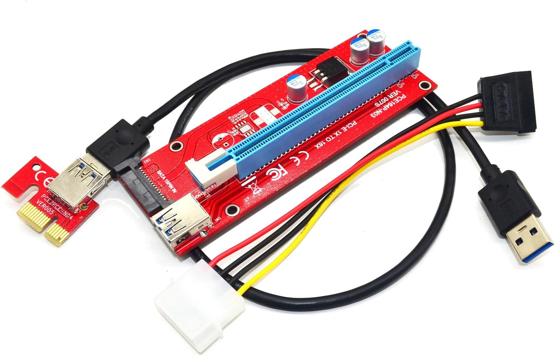 Panto Version 7 SATA Powered PCI-E PCI Express Riser - VER 007S - 1X to 16X PCIE USB 3.0 Adapter Card - With USB Extension Cable - GPU Graphic Card Crypto Currency Mining (1 pack)