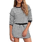 Fisoew Womens Striped 2 Piece Outfits Crewneck Workout Sets High Waist Skort Set Long Sleeve Matching Sets Women Clothing