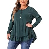 Agnes Orinda Plus Size Tunic Tops for Women Button Henley V Neck Long Sleeve Ruffled Hem Swing Flowy Blouses