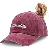 MANMESH HATT Mom Life Ponytail Baseball Cap Messy Bun Vintage Washed Distressed Twill Plain Hat for Women (Red, One Size)