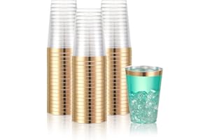 N9R 72PCS Gold Plastic Cups, 12OZ Clear Plastic Cups with Gold Rim, Disposable Cups Perfect for Parties, Wedding and Birthday
