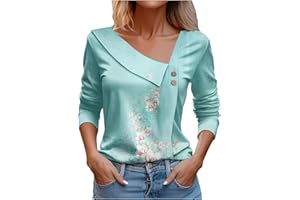 Attine Spring Going Out Tops for Women 2024 Cute Print T Shirts Long Sleeve V Neck Blouse Asymmetric Lapel Button Tees Shirts
