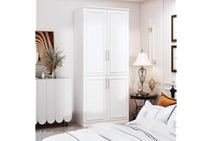 ECACAD White Wardrobe Armoire with 4 Doors, 3-Tier Shelves & Hanging Rod, Wooden Closet Storage Cabinet for Bedroom (30.2”W x 19.3”D x 74.8”H)