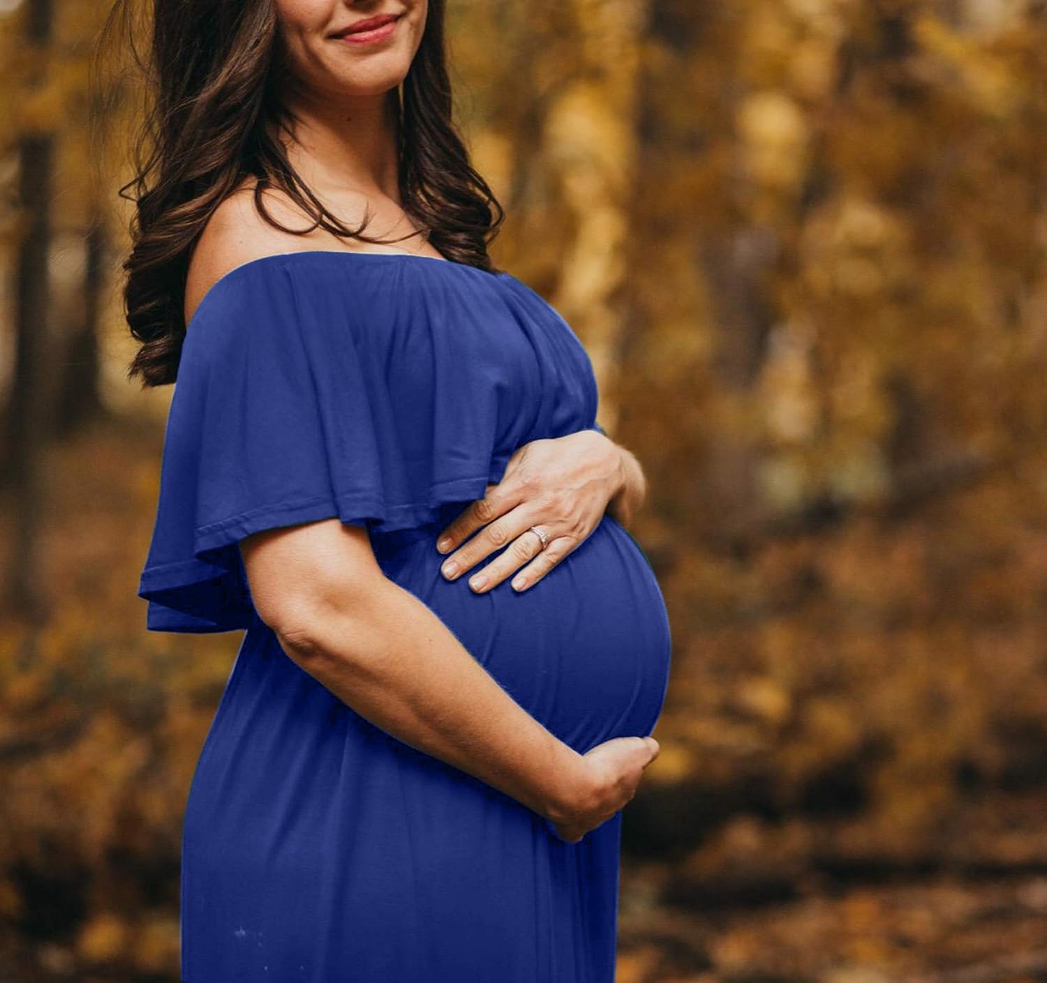 2 Style V-Neck or Off Shoulder Ruffle Maternity Maxi Dress with Pockects for Photoshoot or Baby Shower at  Women’s Clothing store