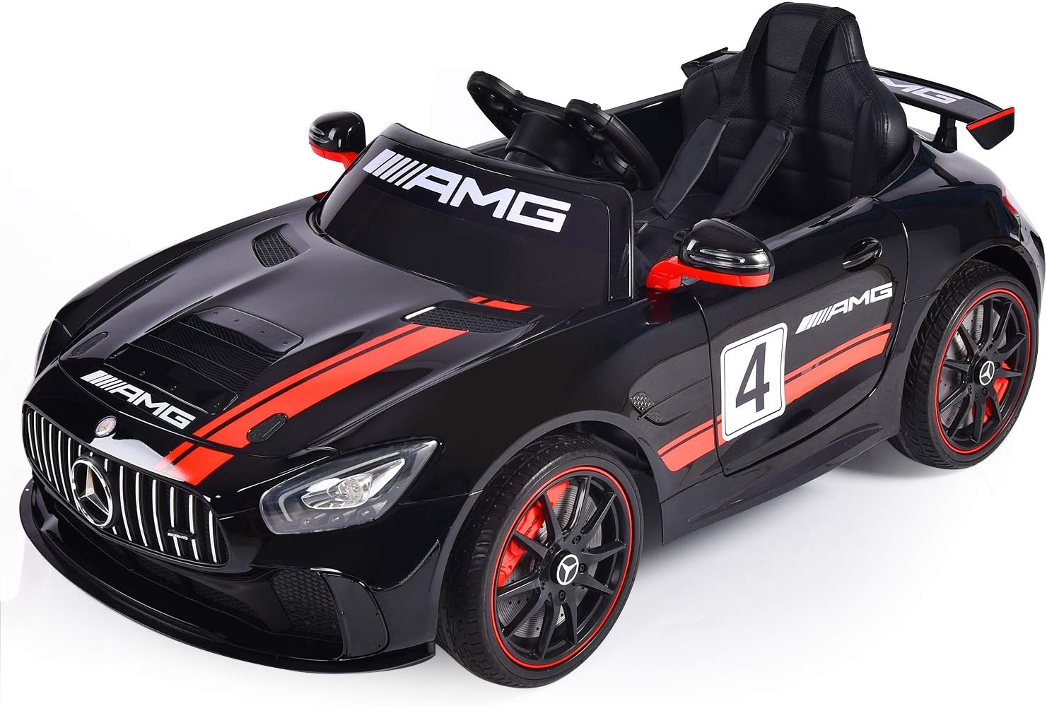 YOURLITEAMZ Kids Ride On Car Mercedes Benz AMG-GT4 Motorized Vehicles Seater 12V Electric Radio Parental Remote Control LED Lights PU Leather Seat Motorized Cars Toddler Drivable (Black)