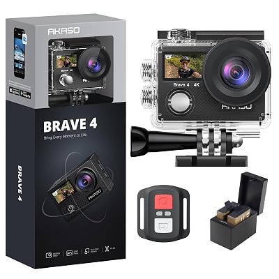 AKASO Brave 4 Action Camera 4K 30fps Ultra Hd Video 20MP Photo, EIS, WiFi Remote Control, 2X Batteries, Waterproof Underwater Camera for Snorkel, Travel, Motorcycle, Bicycle, Helmet Accessories Kit