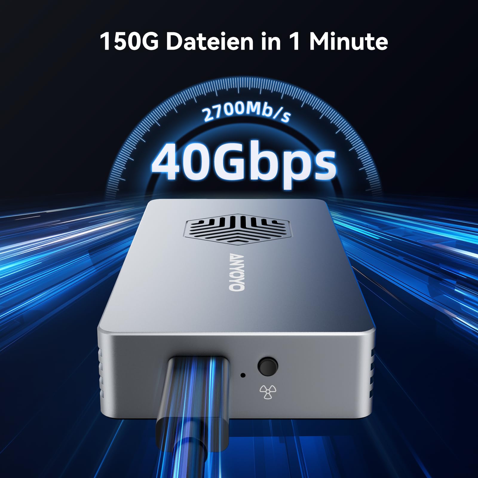 40Gbps M.2 NVMe SSD Gehäuse mit Lüfter, ANYOYO NVMe Gehäuse kompatibel für Thunderbolt 5/4/3 M.2 SSD Gehäuse für PCIe 2280 M-Key (B+M Key), USB C Aluminium SSD Gehäuse kompatibel für USB 4/3.2/3.1 3