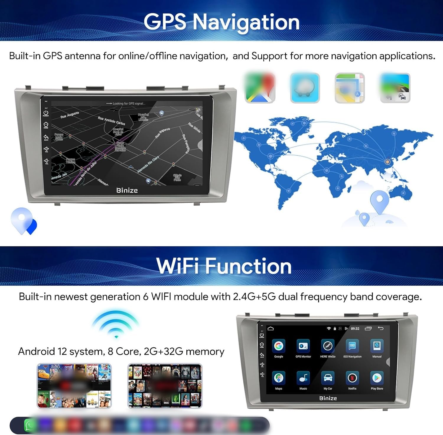 BINIZE Android 13 Car Stereo Compatible with Toyota Camry 2006 2007 2008 2009 2010 2011, 9 Inch Car Radio Head Unit Car Stereo Touch Screen, Wireless CarPlay, Android Auto, GPS, WiFi, Backup Camera