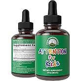Kids Focus Drops. Attention Deficit Liquid Supplement for Concentration, Attention, Brain, Memory. No Bitter Taste. Natural Non-Habit Forming Sugar Free 7-in-1 Vegan Nootropic for Children, Teenagers