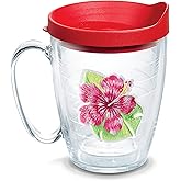 Tervis Tropical Hibiscus Collection Made in USA Double Walled Insulated Tumbler Travel Cup Keeps Drinks Cold & Hot, 16oz Mug with Handle, Island Hibiscus Red