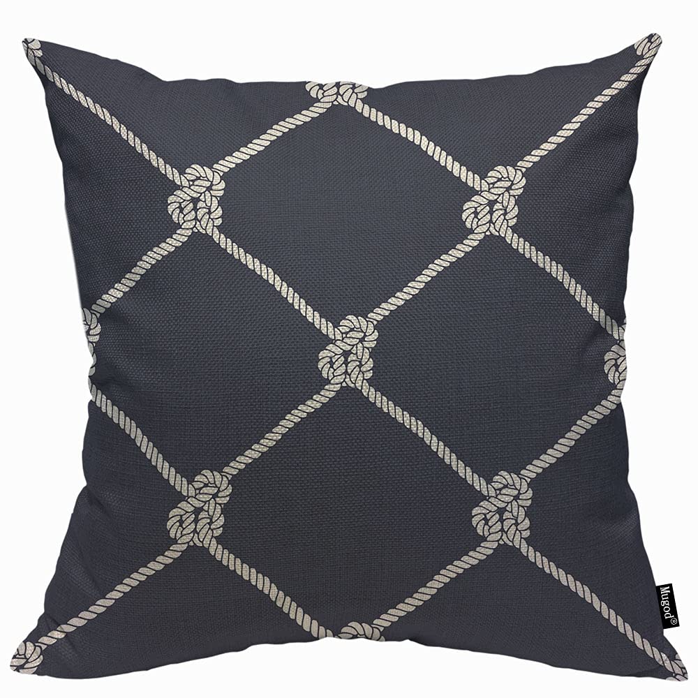 Mugod Nautical Rope Cushion Cover Throw Pillow Covers Trendy Maritime Style Navy with White Fishing Net Marine Dark Blue Pillow Case for Men Women Decorative Home Sofa Chair Couch 45x45cm/18x18 Inch