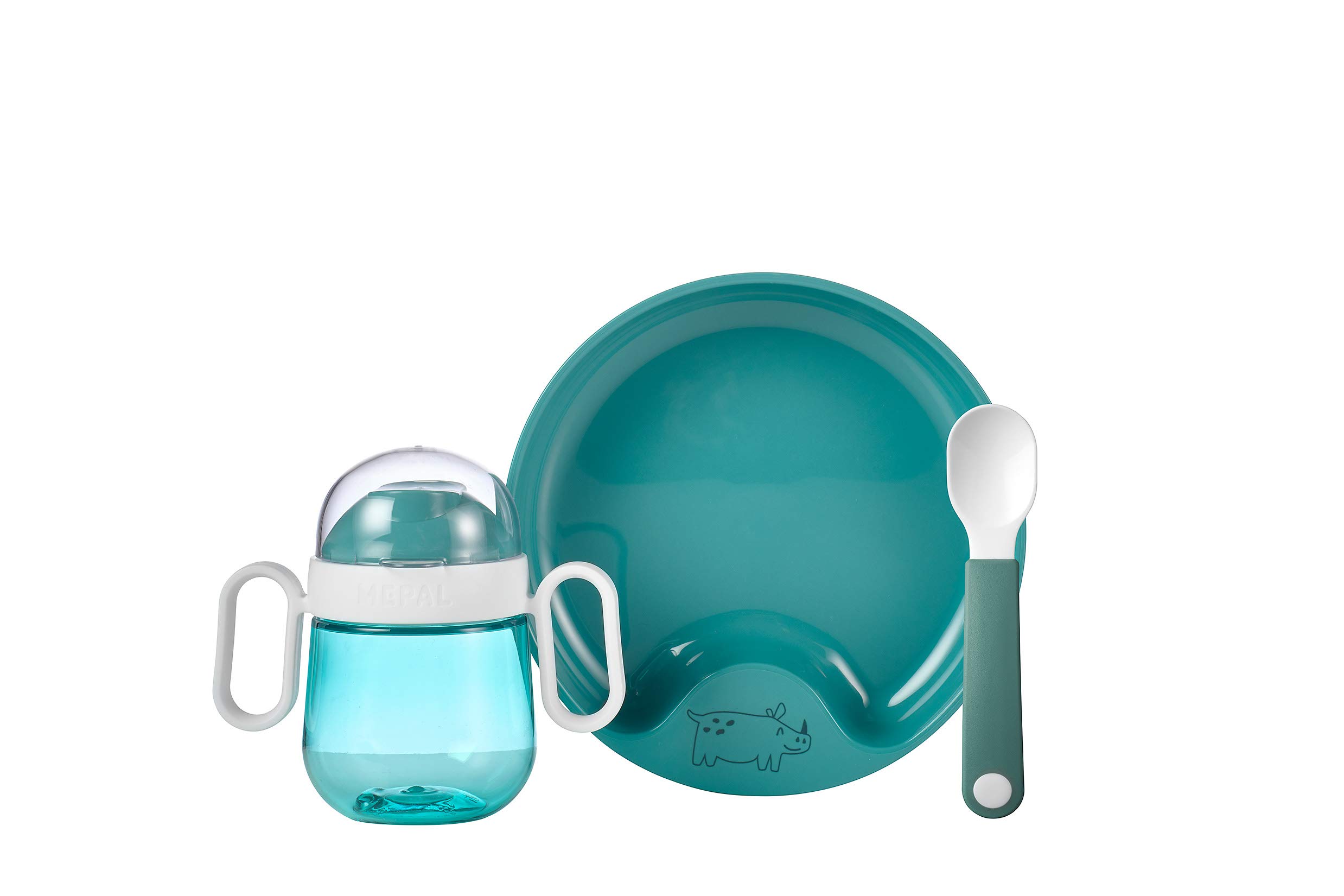 Mepal – Baby dinnerware 3-Piece Set Mepal Mio – Includes Leak-Proof Sippy Cup, Trainer Plate & Trainer Spoon – Dishwasher Safe & BPA-Free - Set of 3 - Deep Turquoise — image 1