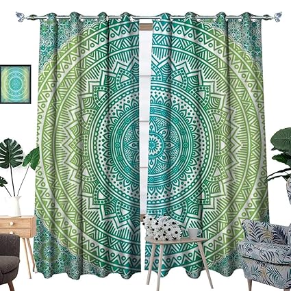 Teal And Lime Room Darkening Wide Curtains Ombre Mandala Ethnic