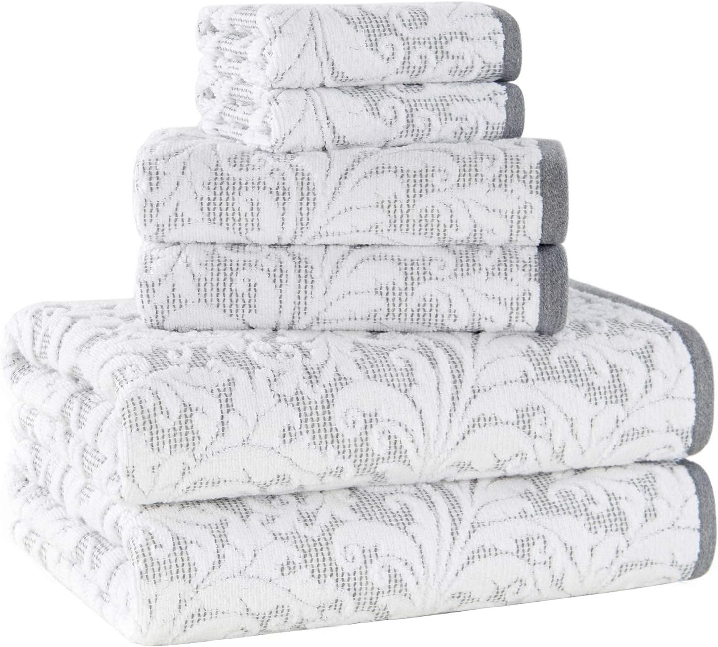 ALFRED SUNG HOME Cotton Decorative Towel Set, 6 Piece Jacquard Set Includes 2 Bath Towels, 2 Hand Towels, 2 Washcloths, Absorbent, Quick Dry, Soft, Patterned Bathroom Towels (Grey/White): Home & Kitchen