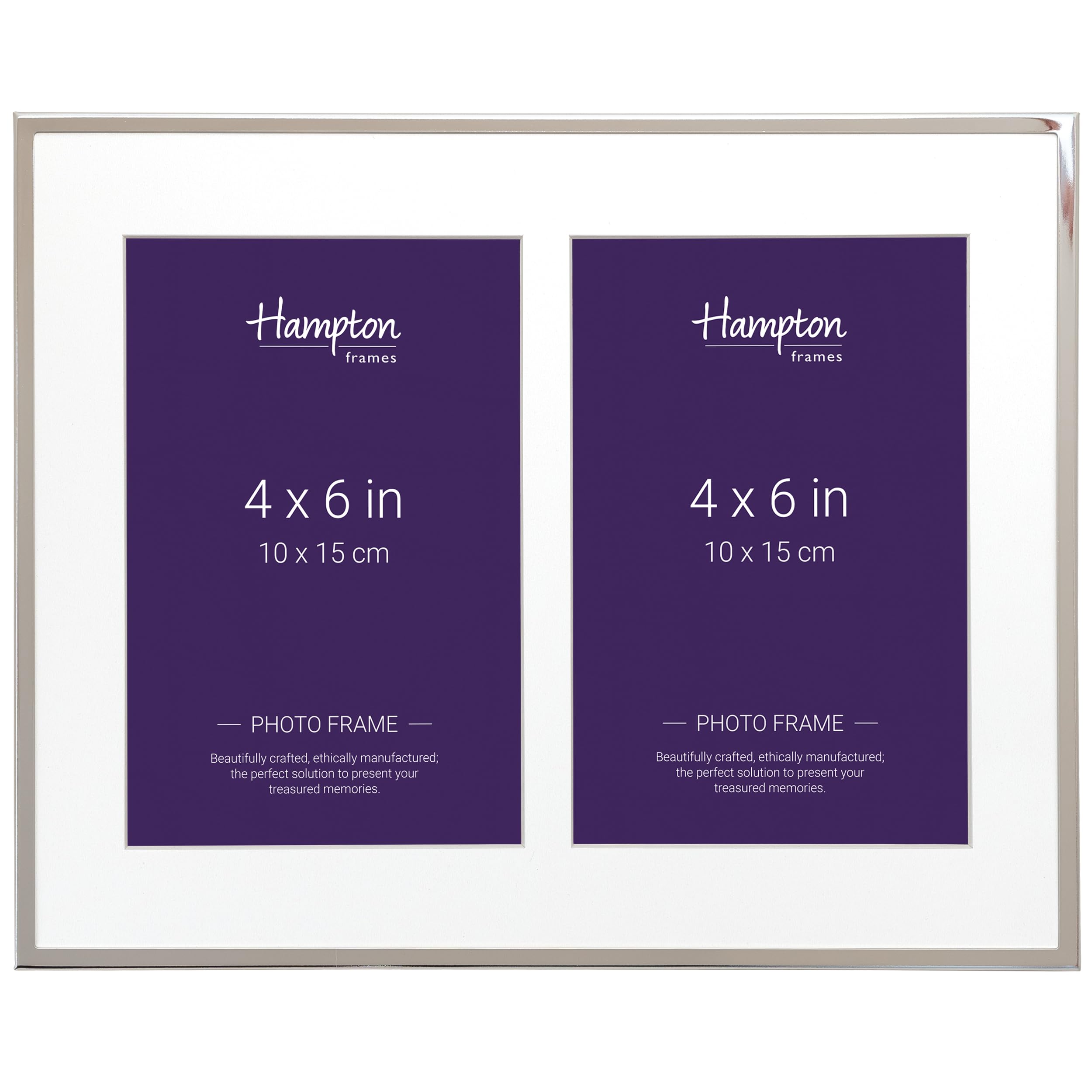 Hampton Frames | Mayfair Double Photo Frame BSN13804 | 4x6in, Silver Plate, 5mm Edge, 25mm Bevel Mount | Freestanding, Velvet Back | Display for Pictures
