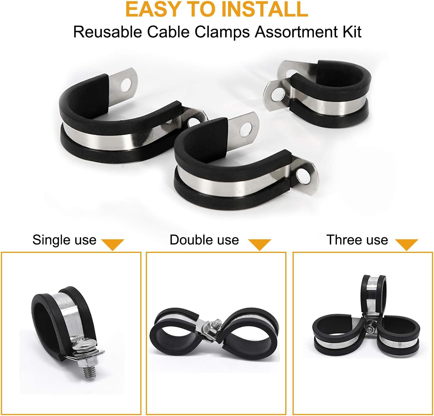 60pcs Cable Clamps Assortment Kit, 304 Stainless Steel Rubber Cushion Pipe Clamps in 7 Sizes 1/4" 5/16" 3/8" 1/2" 5/8" 3/4"1'' - - 