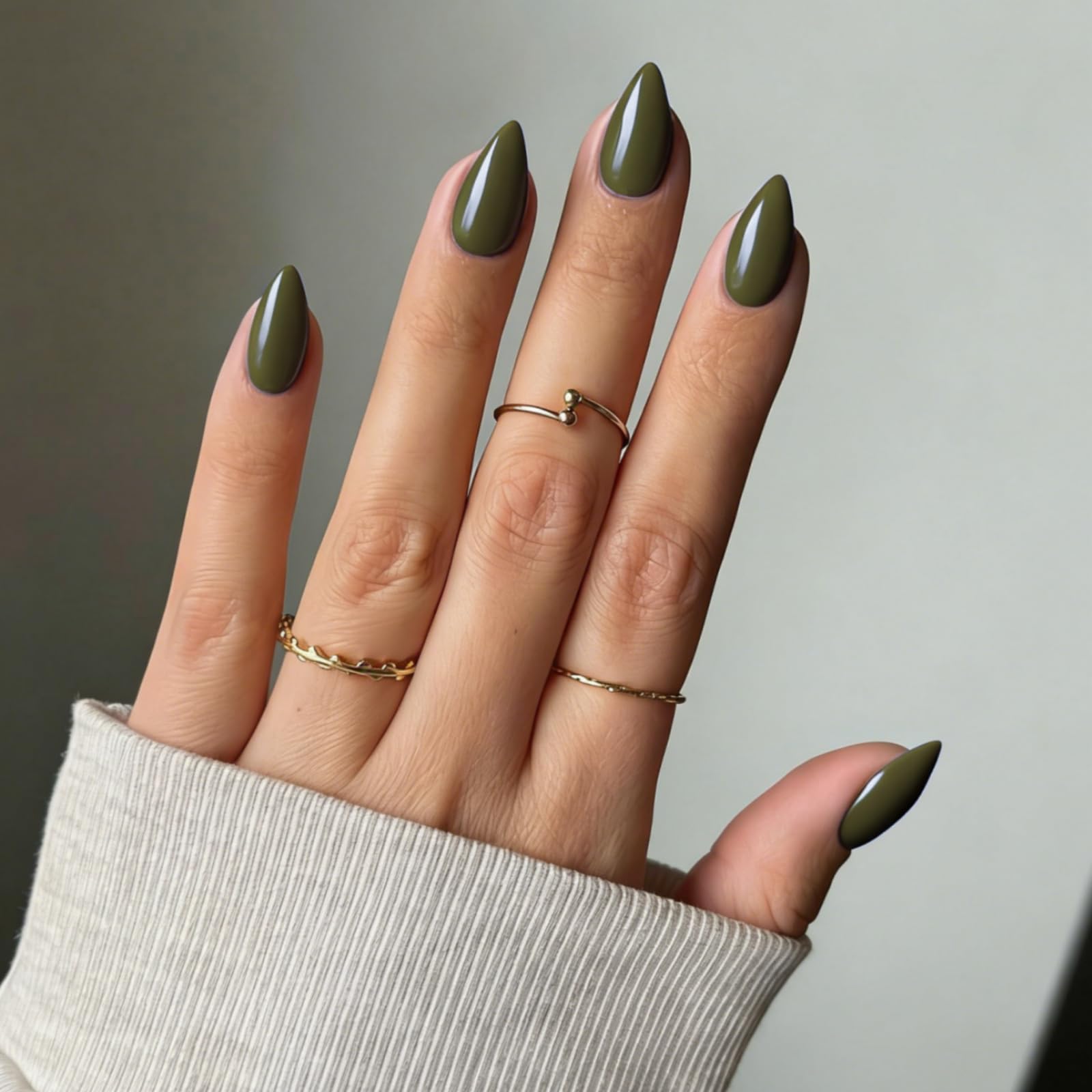 SXVME Olive Green Press on Nails Short Almond Shaped, 30 Pcs Thick Short False Nails Natural Acrylic Nails Custom Solid Color Press ons Natural Fit For Women