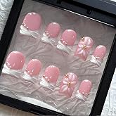 MAGLFELL 3D Handmade Press on Nails-Short Square French Tip Fake Nails with Flowers and Gold Beads, 10 Pcs Glossy Acrylic Pre